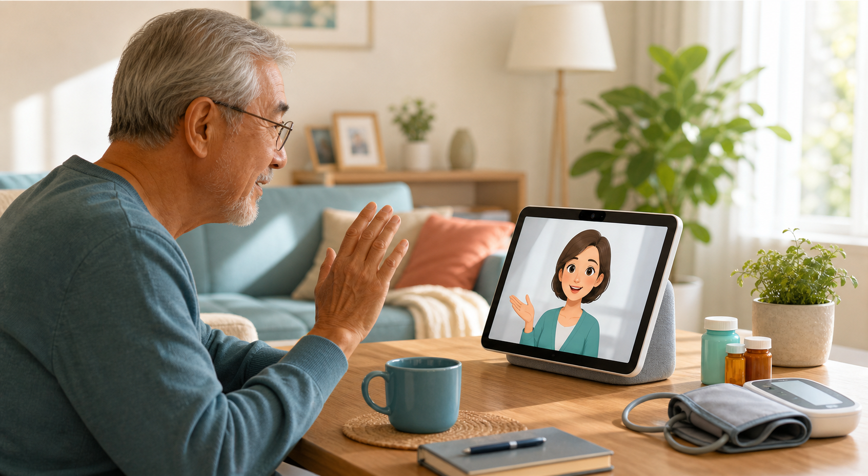 Senior using a friendly tabletop health assistant